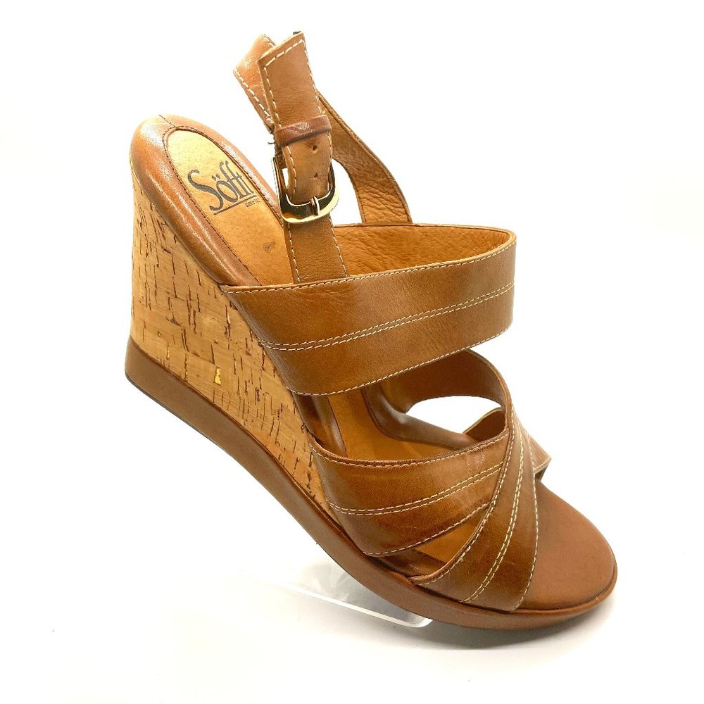 Sofft Platform Comfortable Wedge Cork Bottom Sandal in brown leather – size 10